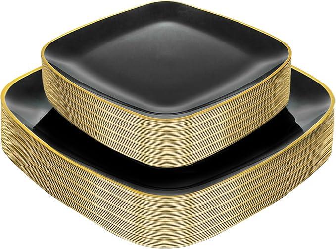 bUCLA 50PCS Black and Gold Plastic Plates - Square Black Gold Plastic Disposable - Include 3 Dinner & 25 Dessert Plates, Ideal for Party & New Year