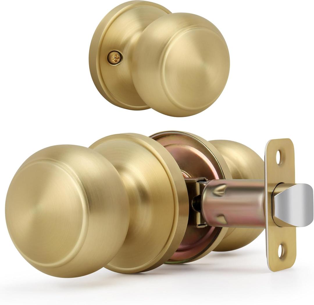 Brushed Gold Flat Ball Door Knob Without Key and Lock, Non-Locking Passage Round Design Doorknob for Hallway/Closet, Satin Brass Finish (1 Pack)