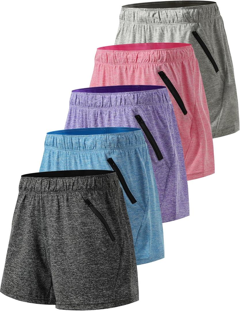 5 Pack: Womens Workout Gym Shorts Casual Lounge Set, Ladies Active Athletic Apparel with Zipper Pockets (X-Large, Heather Black/Blue/Purple/Pink/Gray)