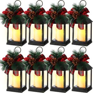 Tioncy 8 Pack Christmas Decorative Candle Lantern Christmas Lights Battery Operated Xmas Vintage Led Hanging Lantern Holiday Centerpieces for Tables Porch Fireplace Indoor Outdoor Decor (Black)