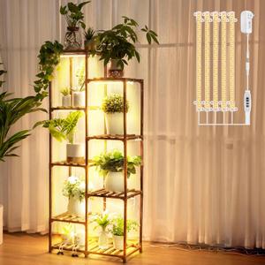 Dreyoo 8 Tiered Plant Stand with Grow Light, 62 Tall Indoor Plant Shelf with Full Spectrum Grow Lamp for Corner Multiple Flowers, Wood Flowers Rack Holder for Home, Patio, Corner, Indoor