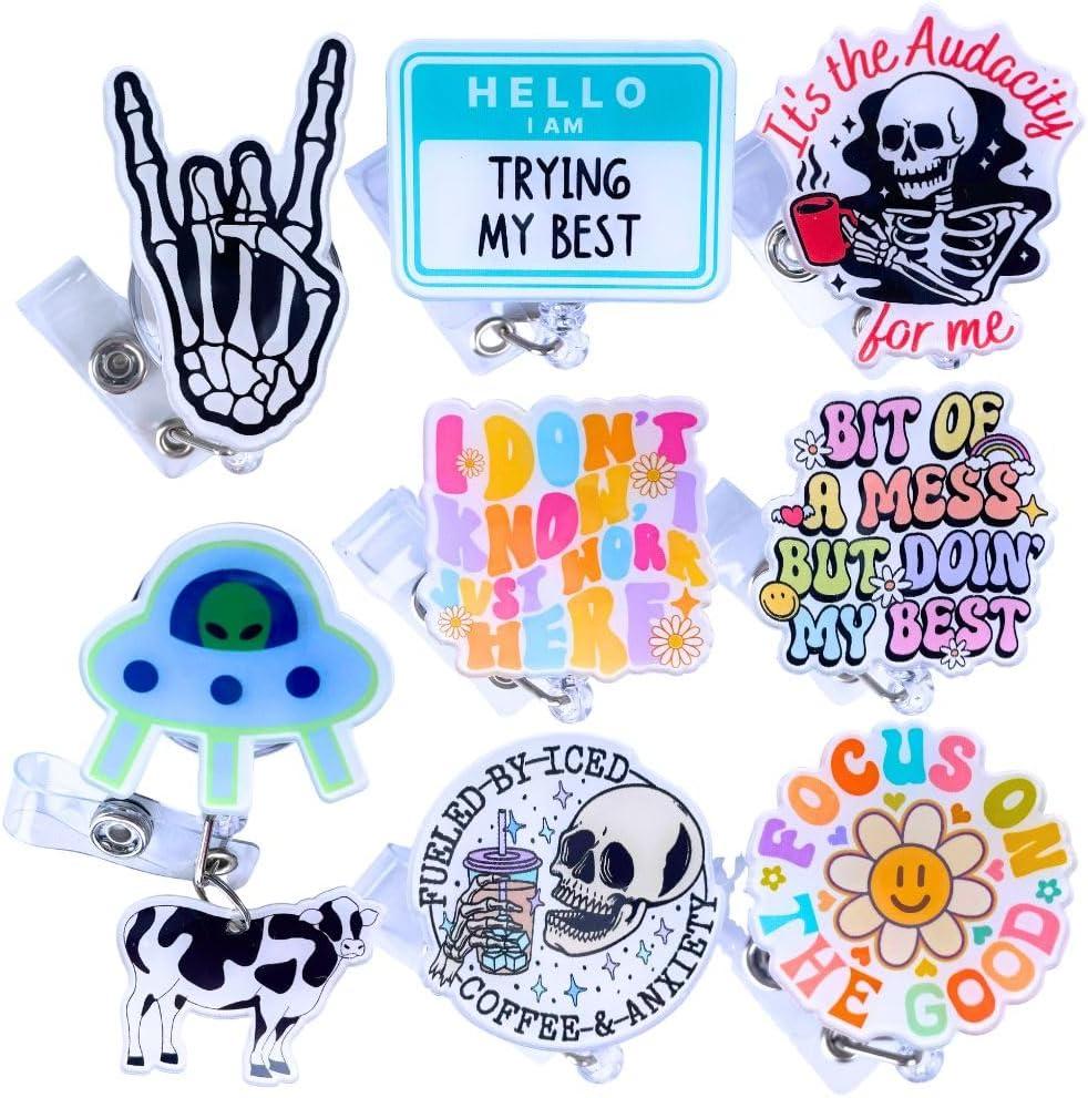 YJ PREMIUMS 8PC Funny Cute Fun Badge Reel Holder ID Card Retractable Clip for Nurse Nurses Nursing Teacher Office Workers | Meme Its Fine Just My Face Job Descriptions Goose Bumps Coworkers Gifts