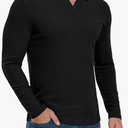 Askdeer Men's Muscle Polo Shirts V Neck Slim Fit Ribbed Long Sleeve Golf Collar Shirt Knit Casual Tee, Black, Small