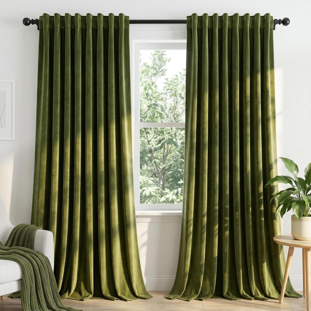 Olive Green Velvet Blackout Curtains Back Tab 52x84, 2 Panels