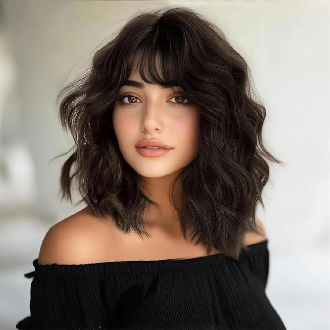 Lativ Dark Brown Wigs for Women Bob Wig with Bangs Curly Wavy Short Wig Heat Resistant Shoulder Length Natural Synthetic Hair 14 Inches for Daily Cosplay Use