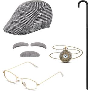100th Day Old Man Costume 1920s Grandpa Accessories Newsboy Hat Glasses Moustache Eyebrows Pocket Watch(Vivid Style)