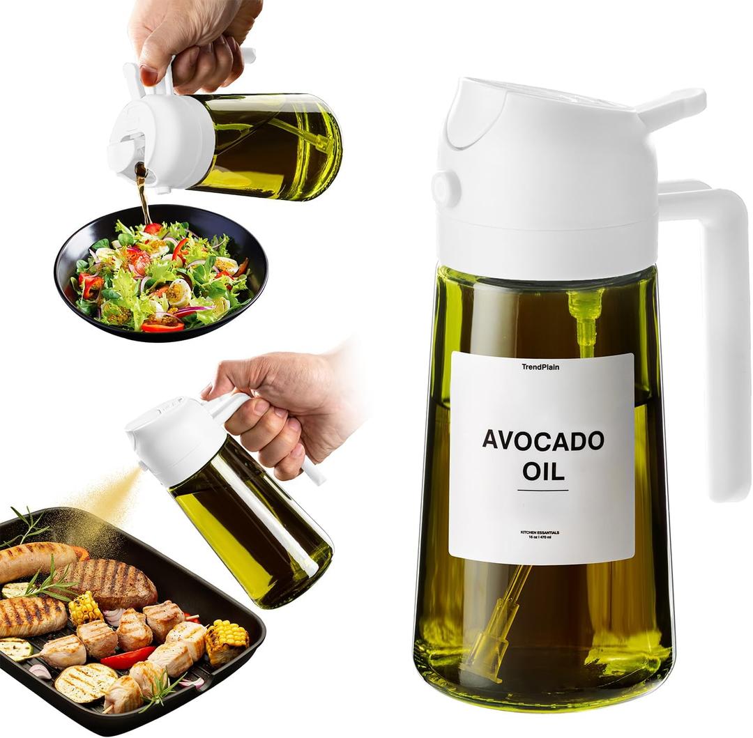 TrendPlain - Original 16oz/470ml Olive Oil Dispenser Bottle for Kitchen Gadgets and Air Fryer Accessories - Olive Oil Sprayer for Cooking w/Stickers - White