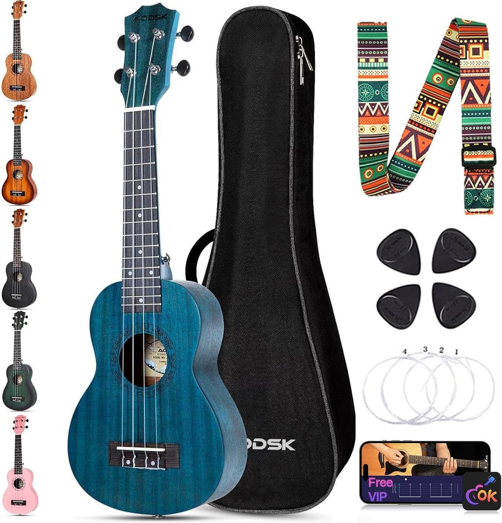 AODSK Soprano Blue Ukulele for Beginner 21 Inch Ukelele with Gig Bag Strap Nylon String 4 Picks Holiday Gift