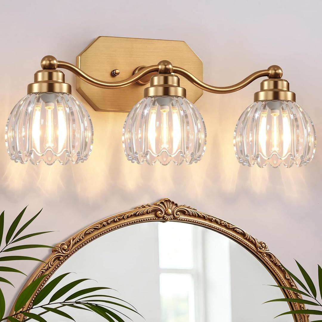 VbiTmn Gold Bathroom Light Fixtures, 3 Light Vintage Vanity Lights, Antique Brass Brushed Gold Finish, Crystal Transparent Glass Shade, Mid Century Wall Sconces for Bedroom, Living Room, Hallway