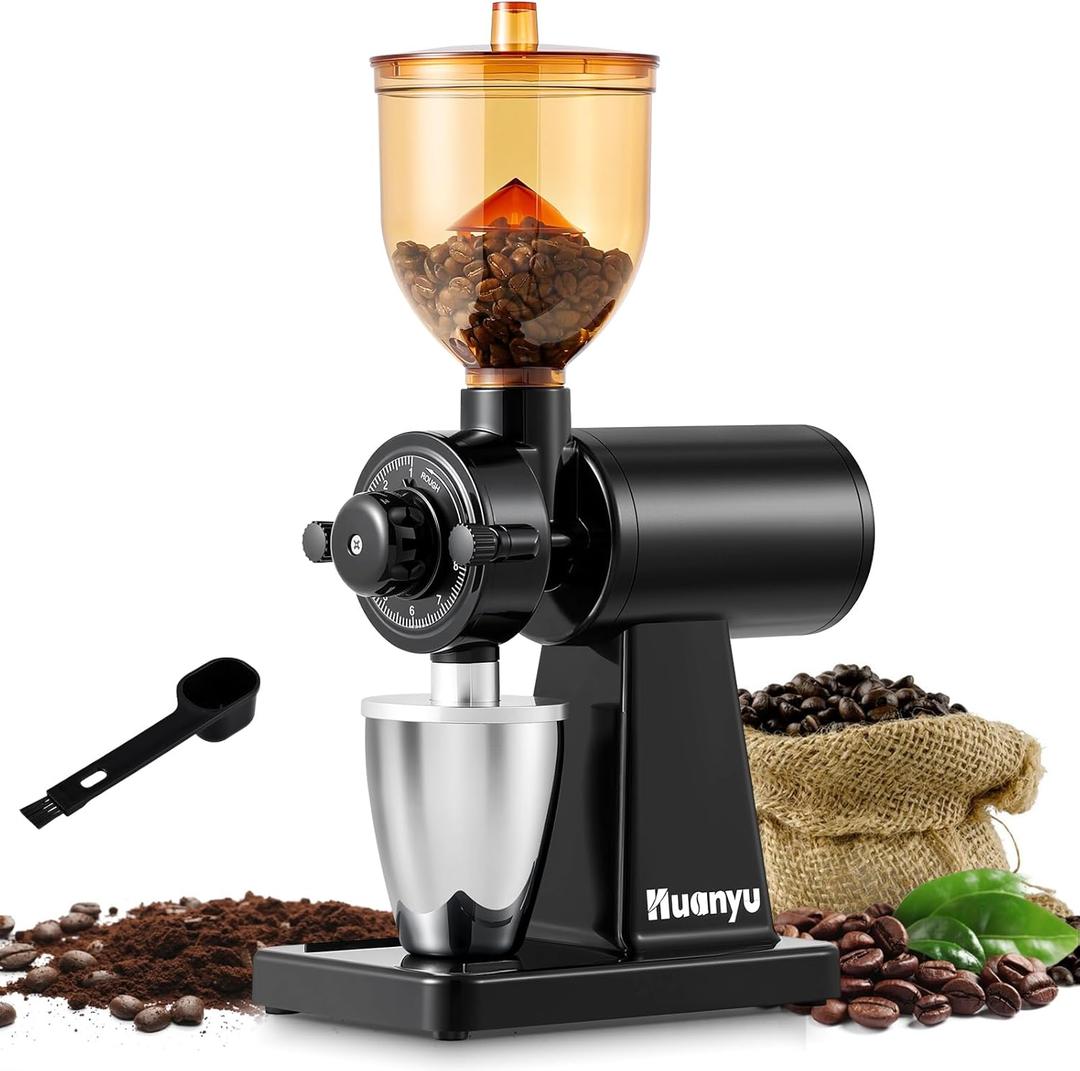 Huanyu Coffee Grinder Electric with Closed Grinding System - 8 Adjustable Settings, Flat Burr Coffee Grinders Anti-Static Design for Dust-Free Home Use