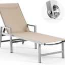 Patio Chaise Lounge Chair Outdoor with Wheels&Armrests, Aluminum Pool Lounge Chairs 5-Position Adjustable Recliner, Outdoor Beach Lounge Chairs for Poolside, Patio, Deck, Yard, Khaki (1 Pack)