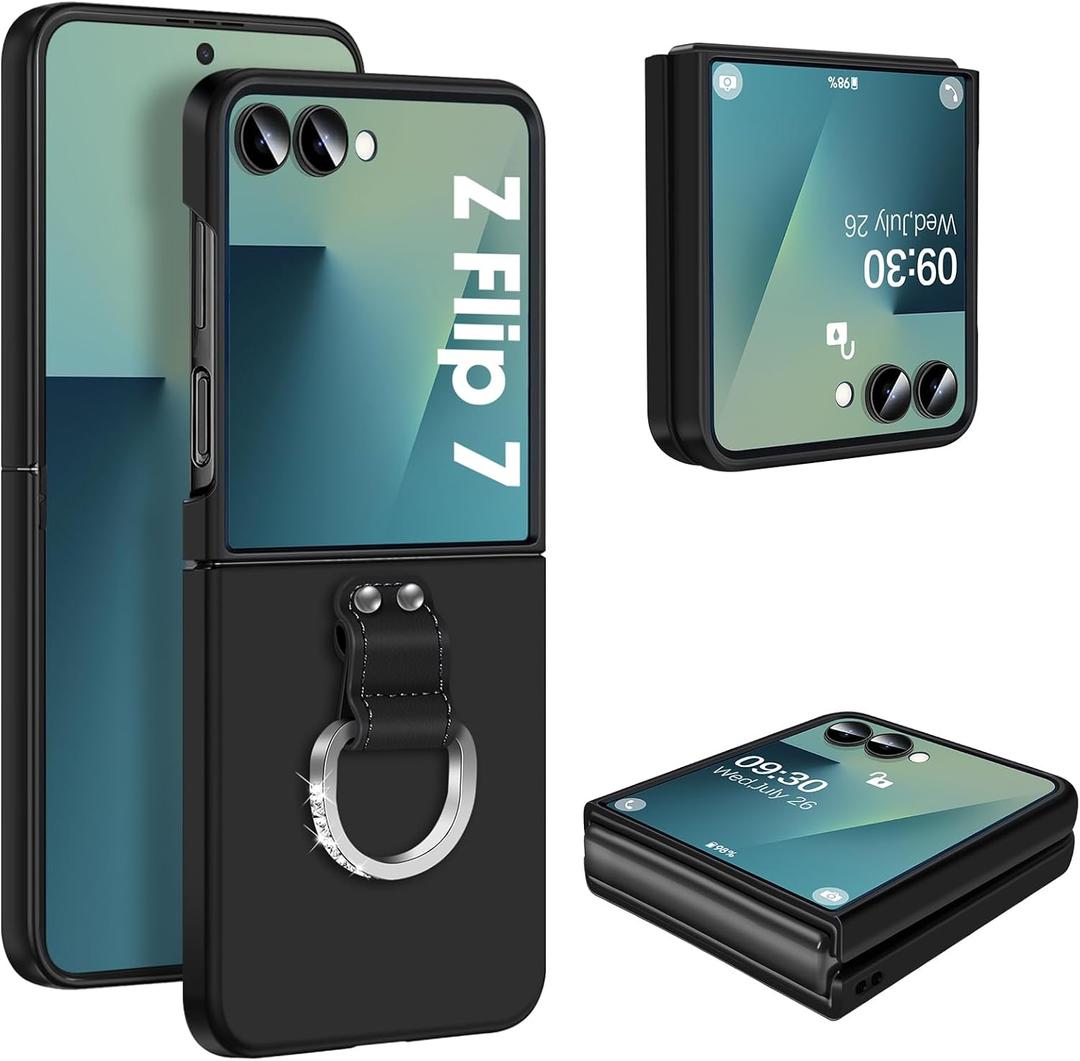 Z Flip 7 Case for Samsung Galaxy Z Flip7 5G, Ring Case for Women Silky Touch Slim Hard PC Matte Back Cover Ultra Thin Z Flip 7 Phone Case Anti-Scratch Protective Cases for Samsung Z Flip 7 5G (Black)