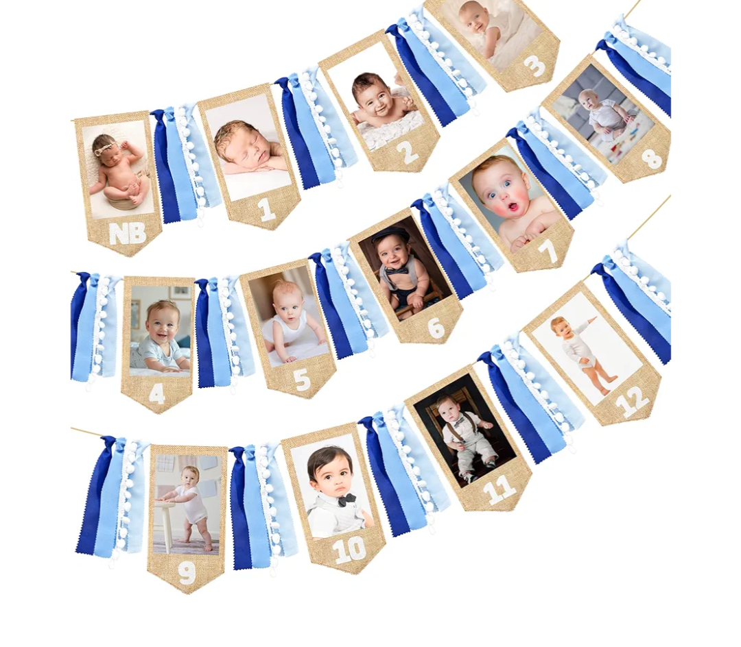 pinkblume 1st Birthday Burlap Photo Banner Garland Handmade Felt from Newborn to 12 Months with Gradient Blue Ribbon for Monthly Milestones Baby Boy First Birthday Party Decorations Supplies