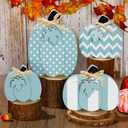 Yalikop 4 Pcs Thanksgiving Wooden Pumpkin Decor 3D Pumpkin Tabletop Signs Farmhouse Thanksgiving Fall Standing Table Centerpieces Rustic Tiered Tray Decor for Home Kitchen Party(Blue and White)
