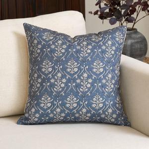 Amor Virisso Floral Pillow Covers 18x18 Inch Farmhouse Block Print Pillow Cover Accent Square Neutral Modern Decorative Throw Pillow Covers for Living Room Couch Bed Sofa Chair, Dusty Blue