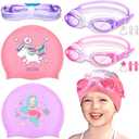 8 Pack Kids Swim Caps for Girls, Silicone Swimming Cap for Age 6-14 with Goggles Ear Plug Nose Clip for Children Boys Girls