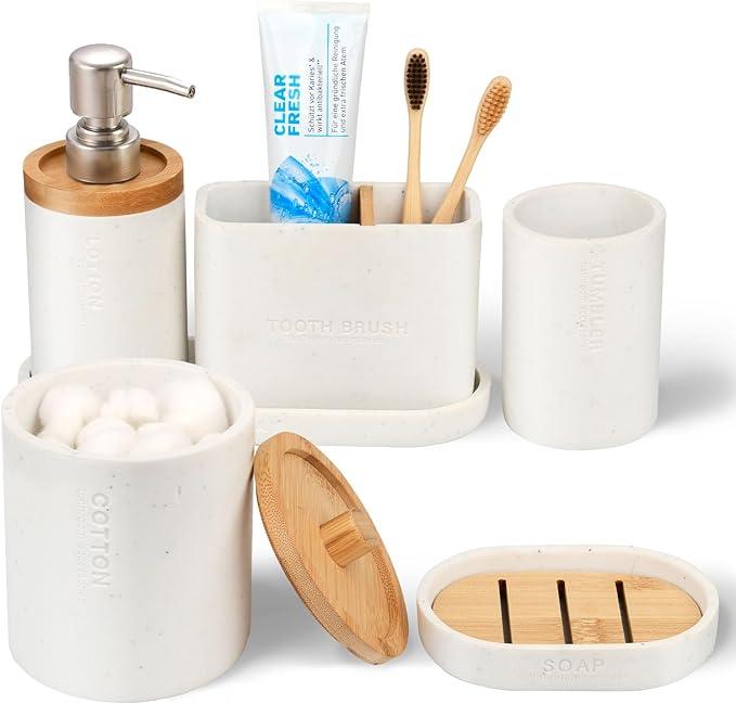 Bathroom Accessories Set, 20Pcs Bathroom Accessory Set, Large-Sized Toothbrush Holders Set, Shower Curtain Set, Soap Dispenser, Vanity Tray, a soap Dish (Marble White+Shower Curtain)