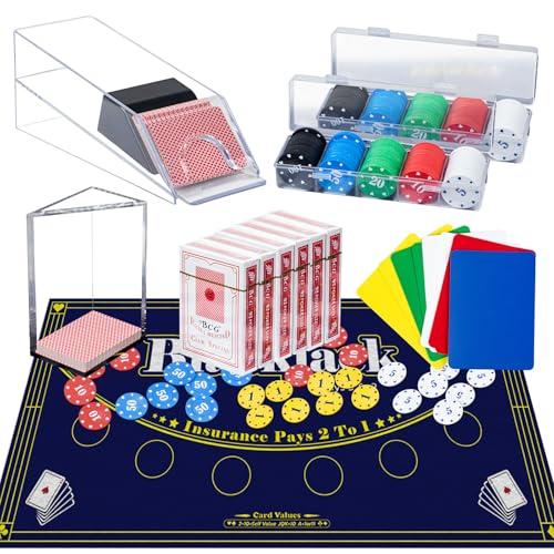 Extguds Entertainment Casino Game Set,Blackjack,Texas Hold'em,Poker Card Kit with Card Dealing Shoe,Discard Tray,200 Chips,6 Deck Card,Double-Sided Felt（Blue）,10 Cut Cards,Blackjack Set