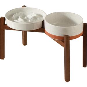 Havniva Ceramic 1.6 Cup Raised Slow Feeder Dog Bowl Set, Elevated 7.3inch Bowl and 8.2inch Dish with Acacia Wood Stand for Medium and Large Dogs(2 x Vanilla White+ Stand)