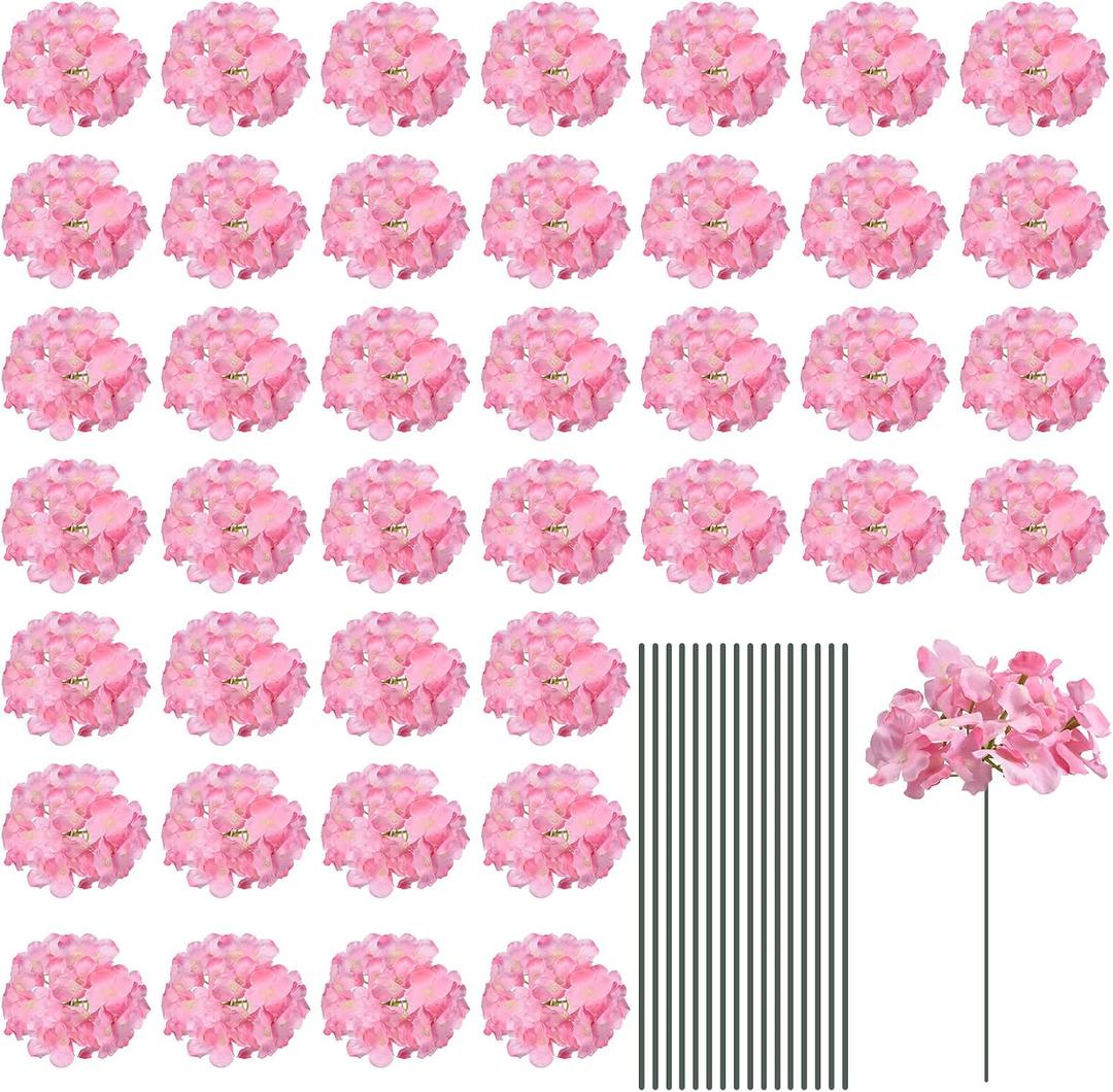 MECCANIXITY Silk Artificial Hydrangea Flowers, Pink Artificial Flowers Heads with Stems, Full Hydrangea Flowers for Wedding Centerpieces, Party Decoration 30 Set