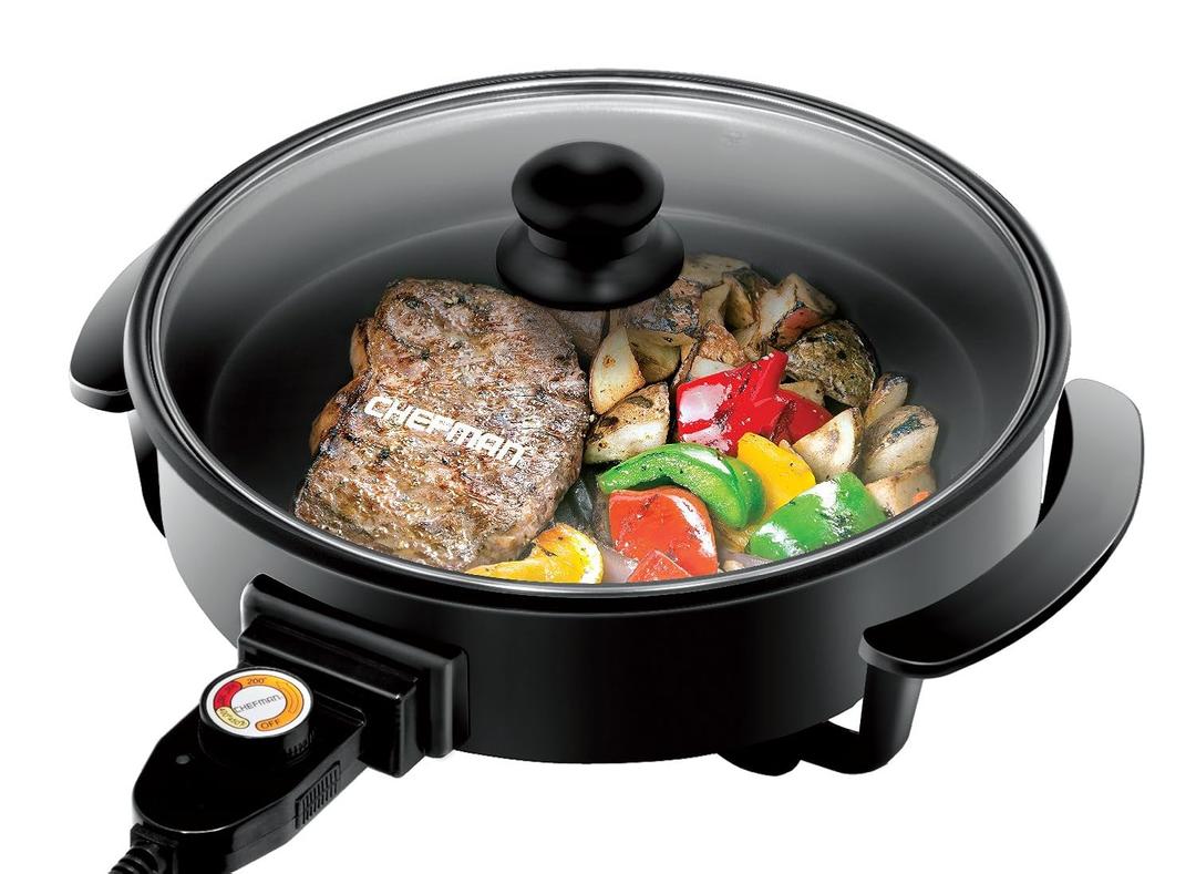 Chefman Electric Skillet - 12 Inch Round Frying Pan with Non Stick Coating, Temperature Control, Tempered Glass Lid, Cool-Touch Handles and Knob, Black