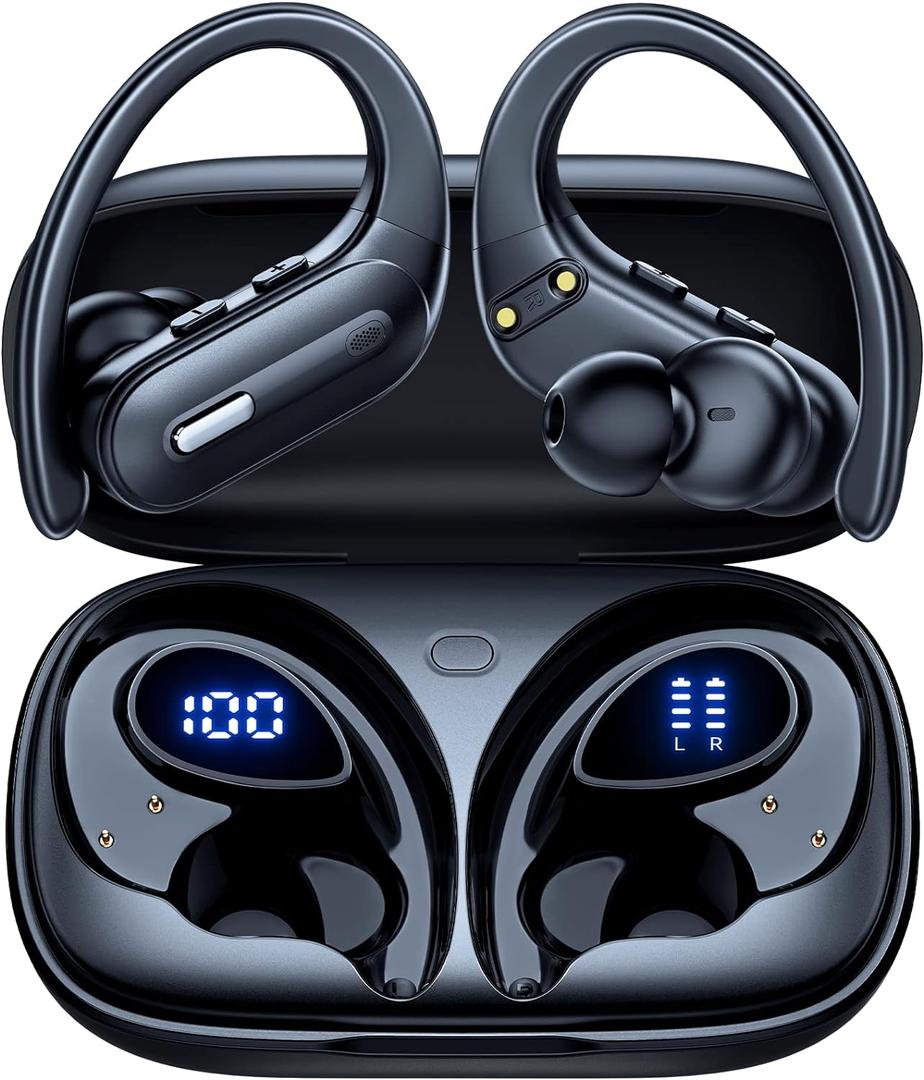 Wireless Earbuds Bluetooth 5.3 Headphones 90 Hrs Playtime Earbuds with Wireless Charging Case Over-Ear Sports Earphones Waterproof Deep Bass Headset (Black)