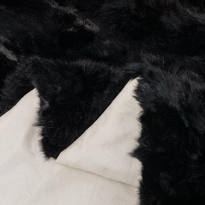 Natural Real Luxury Rabbit Fur Rug Throw Blanket Rug Patchwork Skin Fur Rug Soft Premium Quality Durable Thick Black（55in×63in)