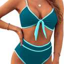 Blooming Jelly Women's High Waisted Bikini Set Tie Knot High Rise Two Piece Swimsuits Bathing Suits (Large, Blue Green42)