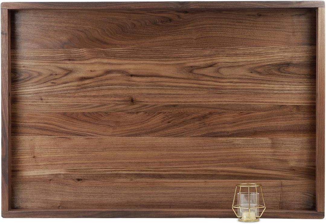 36 x 24 Inches Extra Large Rectangle Black Walnut Wood Ottoman Tray with Handles, Serve Tea, Coffee Classic Wooden Decorative Serving Tray