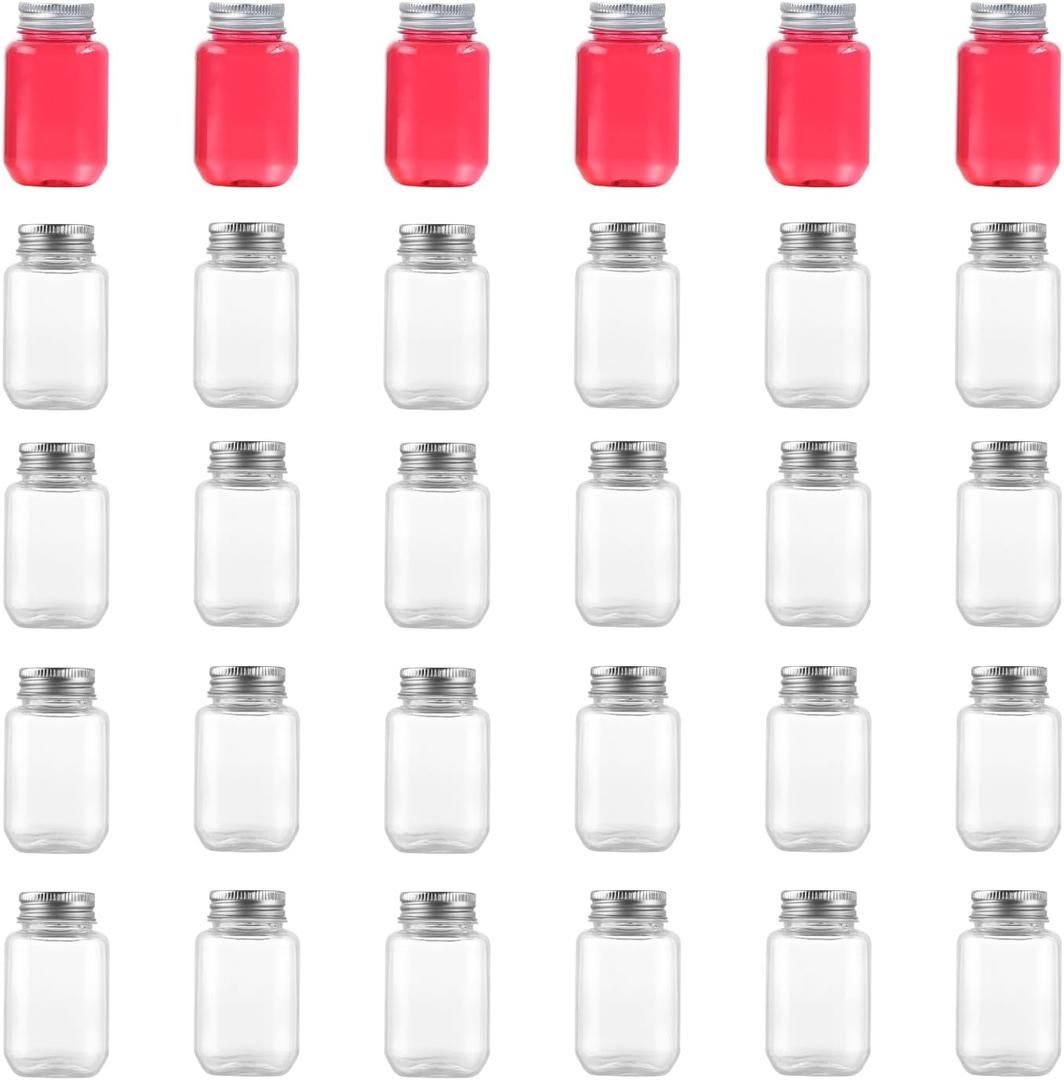 2 Ounce Clear Plastic Mason Jars With Screw On Lid, Reusable Empty Jars for Food Storage, Round BPA Free Containers for Sealing, Dry Food, Snacks, Candies, Breakage-proof (Silver, 30 Pack)