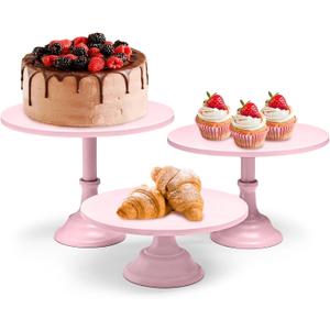 3 Pcs Pink Cake Stands, 8" 10" 12" Tiered Cupcake Display Holders, Metal Dessert Serving Trays, Round Pie Pizza Stands for Wedding, Birthday Party, Celebratory Event Decor