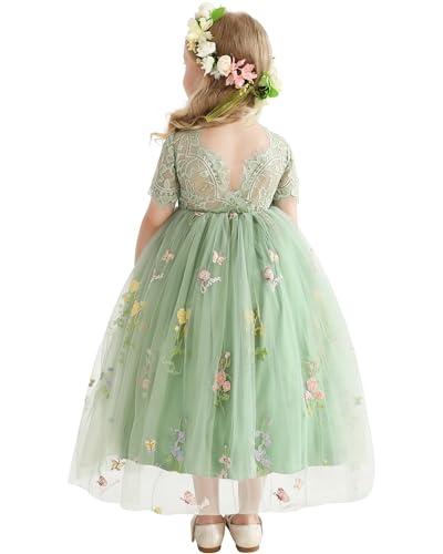 DeeFant Flower Girl Lace Back V-Neck Dress Full-Length Floral Embroidered Toddler Tutu Tulle Dresses for Girls 2-3Y