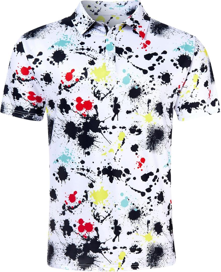 uideazone Mens Golf Shirt Dry Fit Athletic Polo Shirts Moisture Wicking Performance 3D Print Short Sleeve (White, XXL)