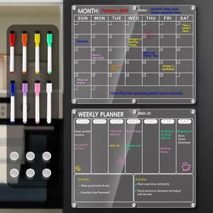 Magnetic Acrylic Calendar for Fridge, 2 Pack Clear Dry Erase Board for Refrigerator, Monthly Planner and Weekly Planner with 8 Colorful Markers, Meal Planner Menu Board for Fridge -14.5''*11.5