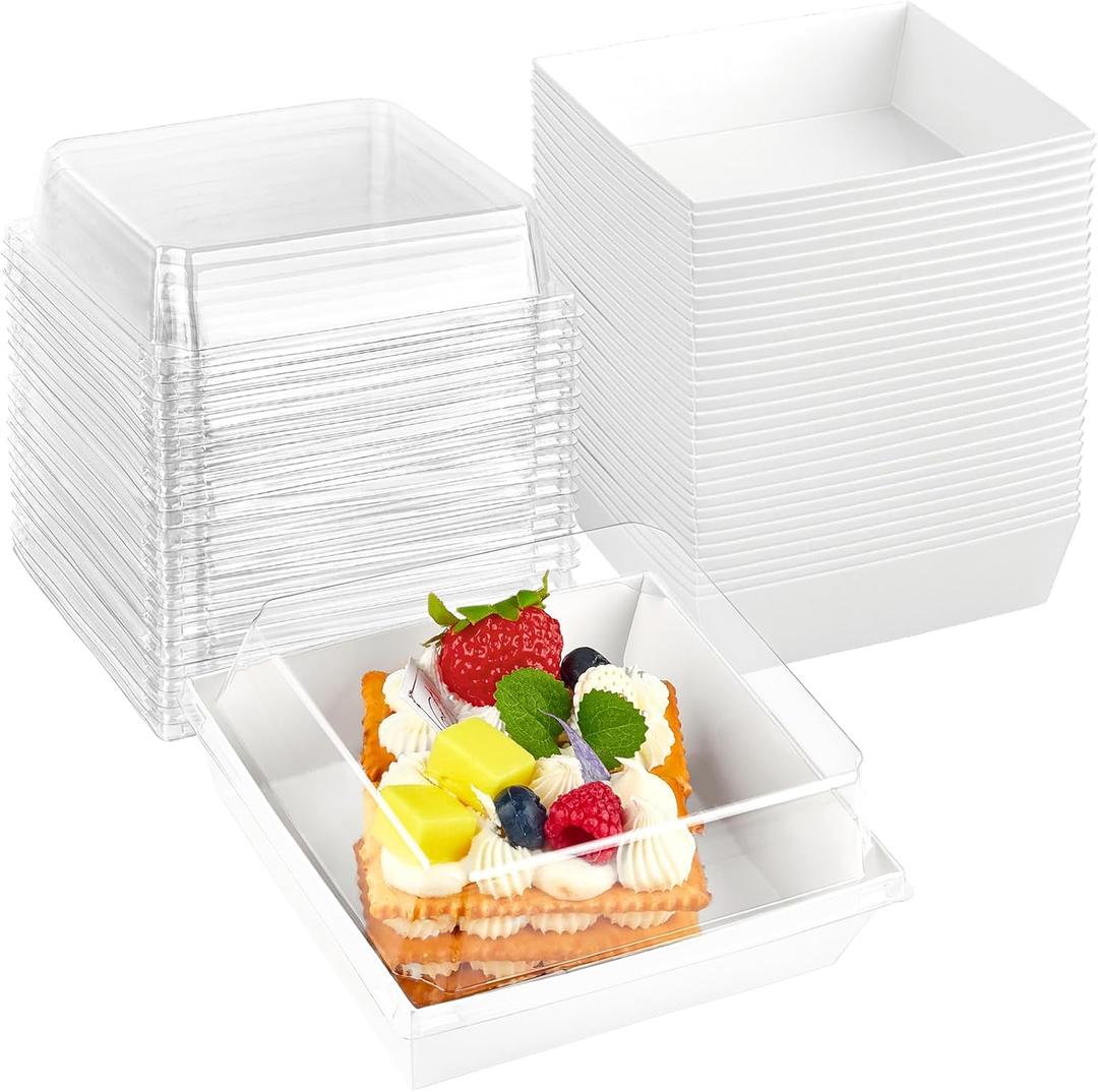 Kucoele 50 Pack Small Charcuterie Boxes with Clear Lids, To Go Paper Dessert Boxes Bakery Boxes, 5 Inches Disposable Food Containers for Cookies, Cupcakes, Slice Cakes, Strawberries (White)