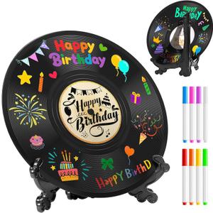Vinyl Record Birthday Decoration Set–Unique Guestbook Alternative for Birthday Parties, Includes 8 Pens, 2 Sticker Designs, Plastic Stand, and Customizable Decoration for Music Lovers