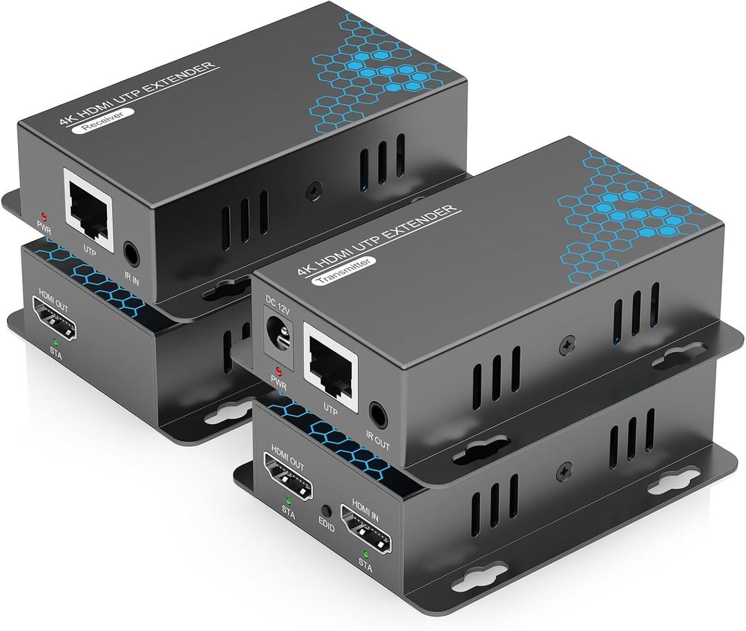 4K HDMI Extender Over Ethernet CAT5 CAT6 CAT7 Upto 230FT, with IR, Loop Out, POC, EDID, 4K@30Hz 1080P@60Hz Full HD Signal Distribution HDMI Transmitter Receiver with Holes, Easy Installation