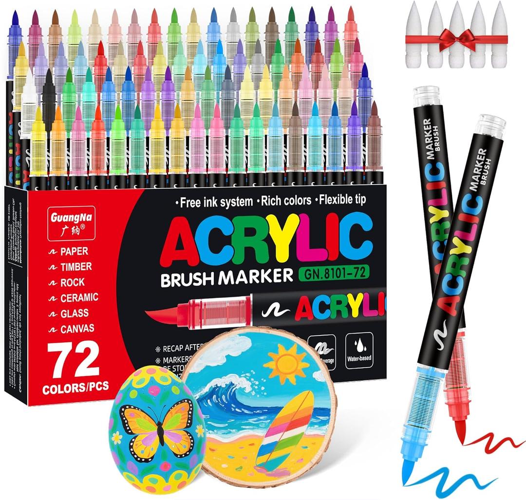 Guangna Acrylic Paint Markers Brush Tip, 72 Vivid Colors with Direct-Liquid Ink Control System, Professional-Grade Paint Pen for Rock Painting, Canvas, Glass, Plastic, Fabric & Creative Crafts (1 Count (Pack of 72), Multicolor)