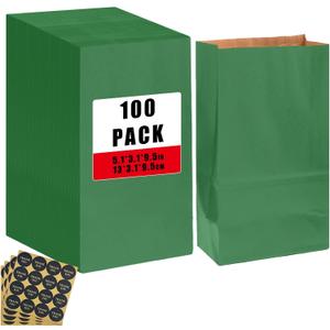 Bakepacker 100 Pcs Deep Green Treat Paper Bags with 100 Stickers 5.1"x3.1"x9.4" Brown Kraft Small Party Gift Bag Snack Bag without Handle