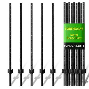 FOREHOGAR Metal Fence Post Black 4.8 Feet, Pack of 15, T Post for Wire Fence, No Dig Steel U Post Fencing for Lawn Garden Wire Mesh Fence Poles Sign Outdoor Light Duty