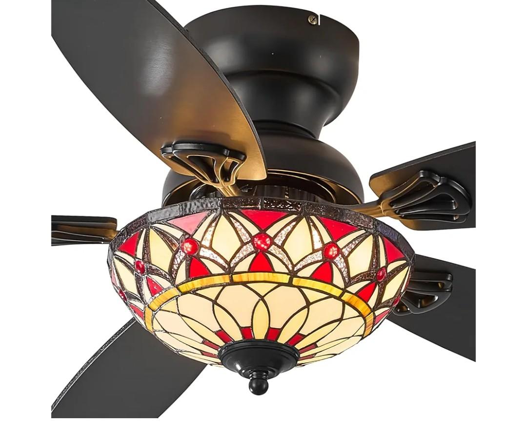 Tiffany Ceiling Fans with Lights - 48" Ceiling Fan Chandelier with 5 Dual-Blades and Glass Shade, 6 Speeds and Reversible, Indoor and Outdoor, Retro Style