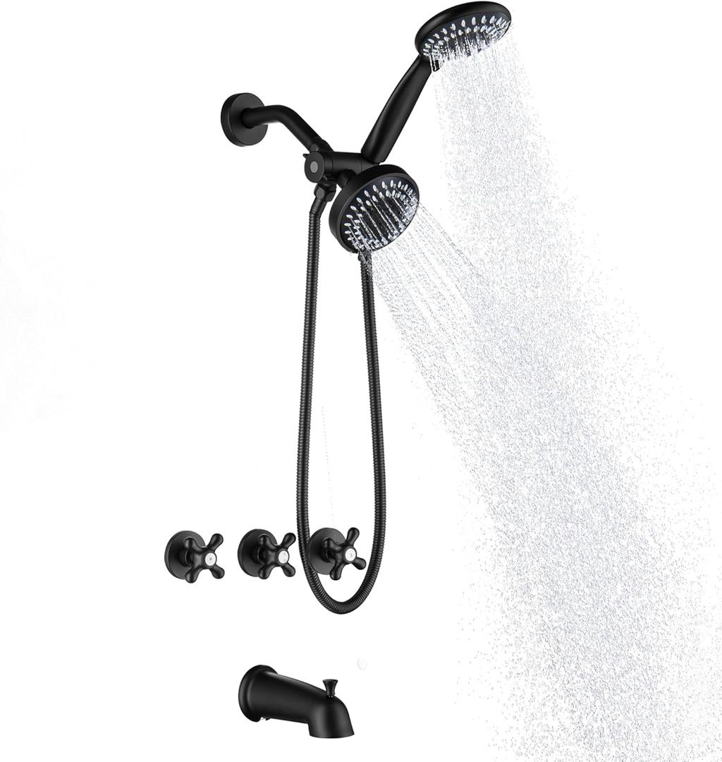 Matte Black 3 Handle Tub and Shower Faucet Set, Three Handle Shower Faucet with Tub Spout 3 Knob Bathtub Faucet Trim Kit with Valve