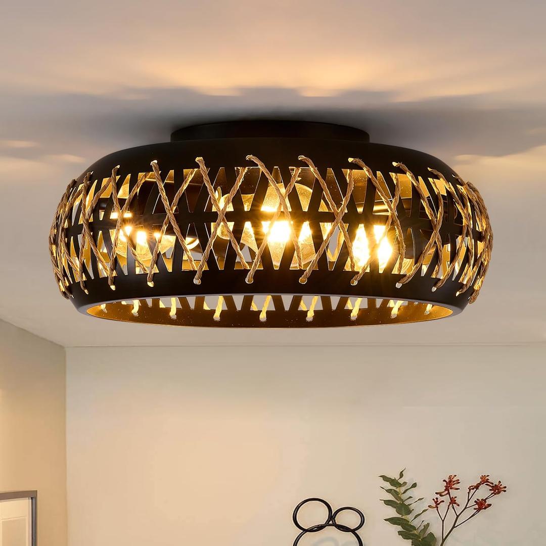 Rattan Flush Mount Ceiling Light, 3-Light Boho Light Fixtures Ceiling Mount, Farmhouse Wicker Flush Mount Light Fixture, Rustic Hand-Woven Rattan Chandelier for Bedroom Entryway Kitchen (Black,Brown)
