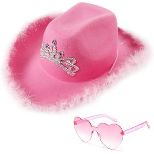 AoMoon Pink Cowgirl Hat with Heart Shaped Sunglasses Crown Tiara Cowgirl Hat for Women Party Pink Cowboy Hat for Girls (Feather)