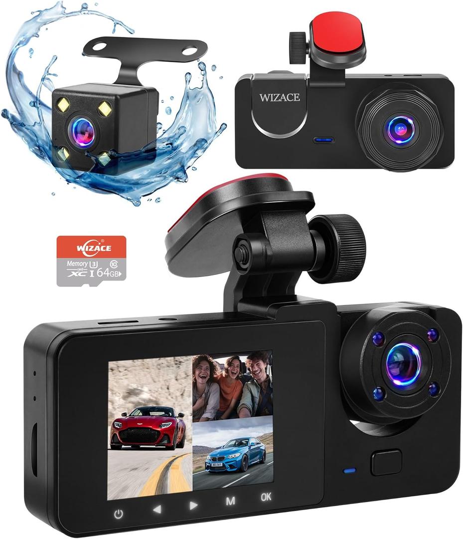 3 Channel Dash Cam Front and Rear Inside with 64GB Card, WIZACE1080P Dash Camera for Cars, Dashcam Three Way Triple Car Camera with IR Night Vision, Loop Recording, G-Sensor, HDR, 24 Hours Recording