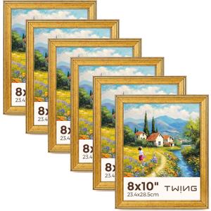 TWING 8x10 Gold Picture Frames Set of 6,Rustic Gold Frames Display Pictures 5x7 with Mat or 8x10 without Mat,Tabletop Display and Wall Mounting Collage Photo Frame Set for Wall Gallery