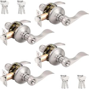 Probrico (4 Pack Wave Style Keyed Alike Entry Levers, Keyed Reversible Door Handles with Lock and Same Keys, Exterior Interior Entry Locks in Satin Nickel Finish