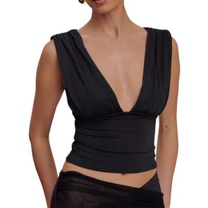LCNBA Women's Summer Deep V Neck Sexy Crop Tops Ruched Sleeveless Going Out Double Layer Tank Tops Black Large
