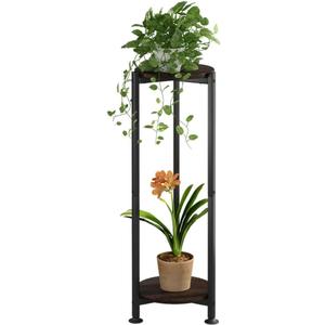 Plant Stand Indoor Outdoor 2 Tier Tall Metal Corner Storage Tiered Plant Shelf Holder Multiple for Living Room Balcony Garden,Black (2 Tier-Black Oak Round)