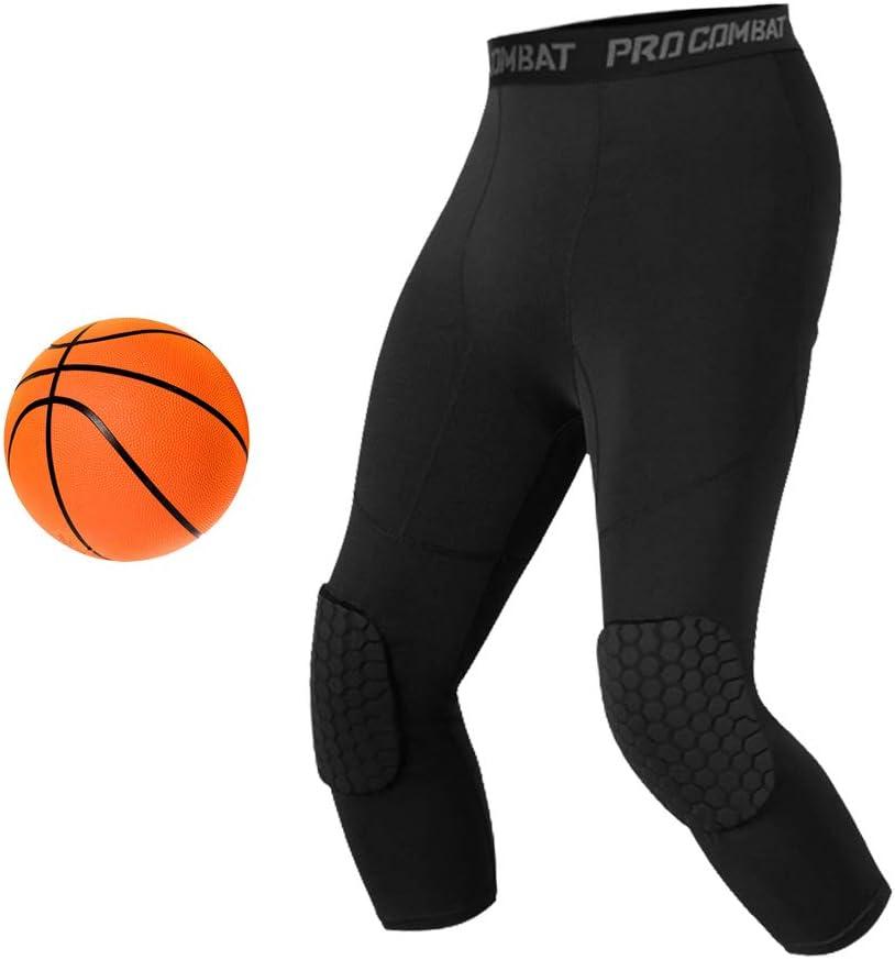 Unlimit Basketball Pants with Knee Pads, Black Knee Pads Compression Pants, 3/4 Capri Leggings (Medium)